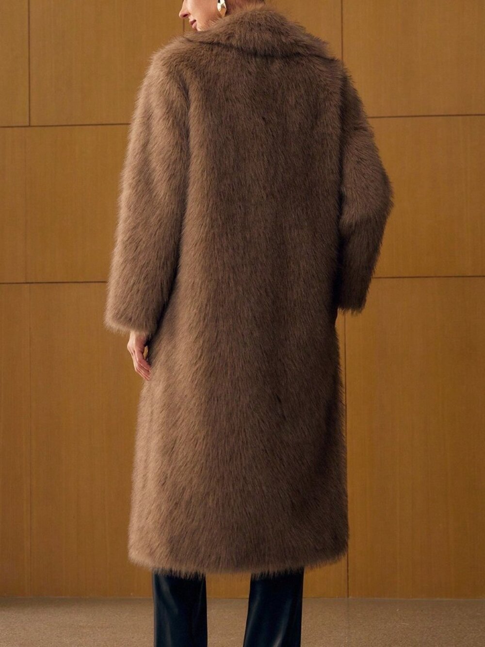 Brown Casual Women's Long Faux Fur Collar Coat - Picture 2 of 8